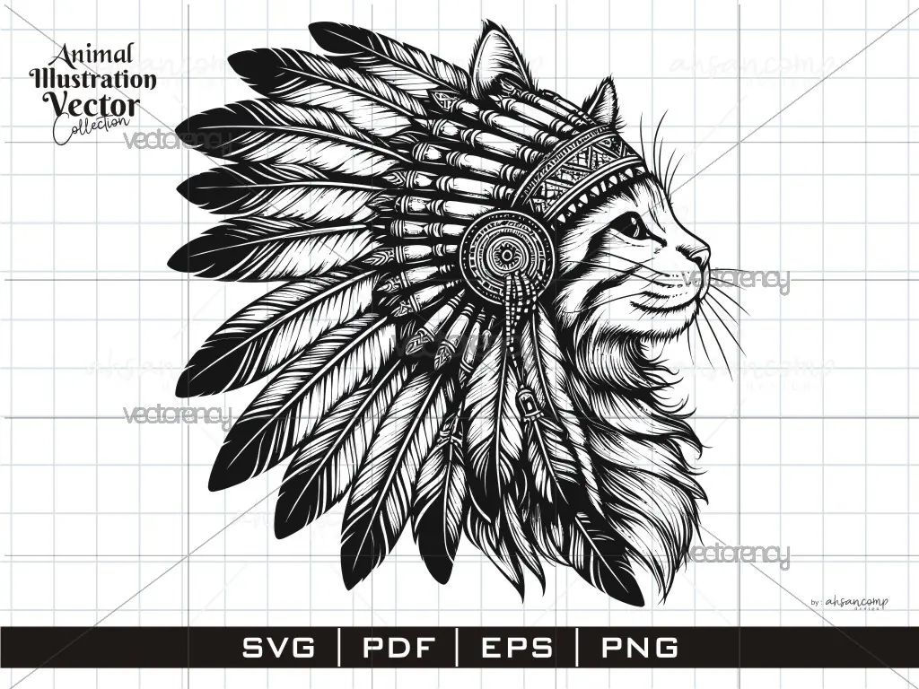 "Tribal Cat Line Art – Native Style Vector Illustration"