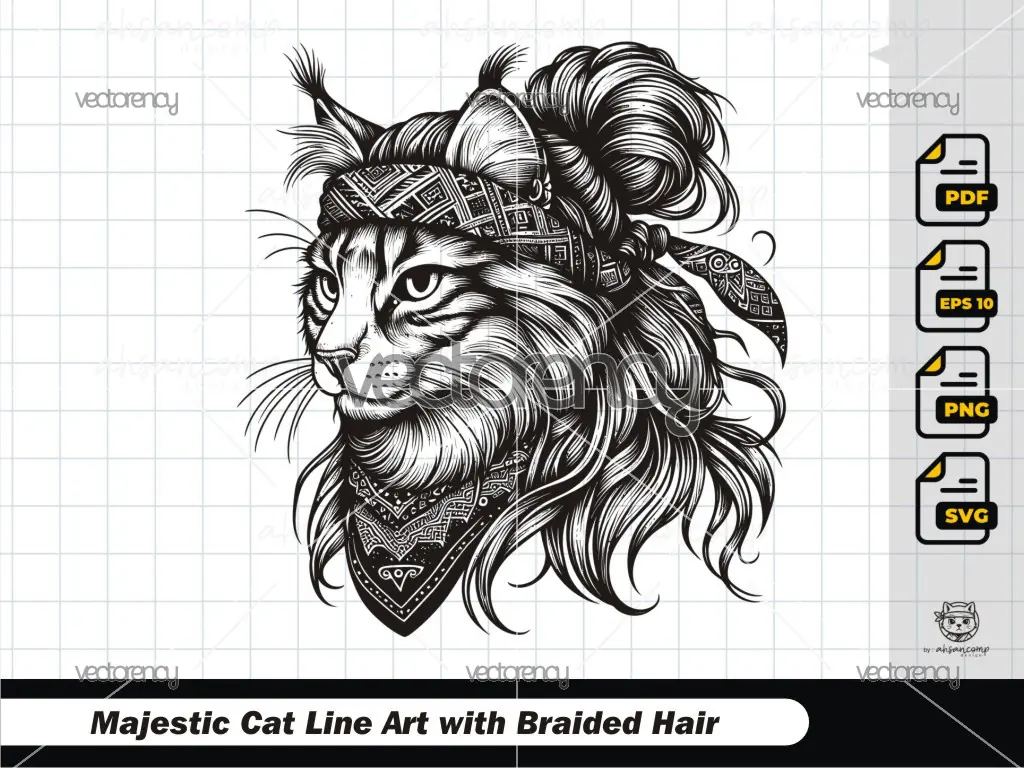 Majestic Cat Line Art with Braided Hair 6