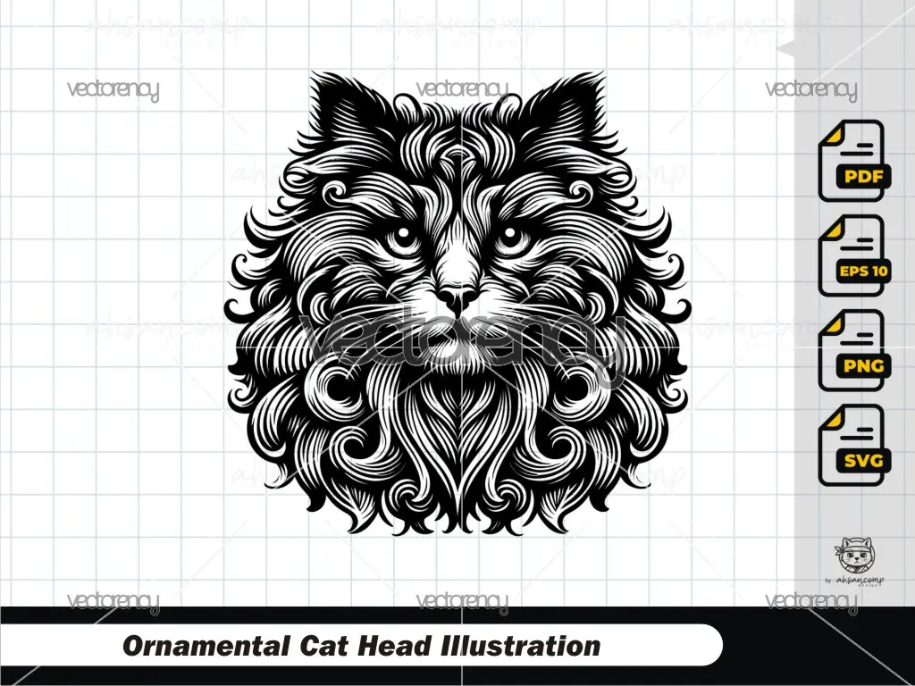 Ornamental Cat Head Illustration 5