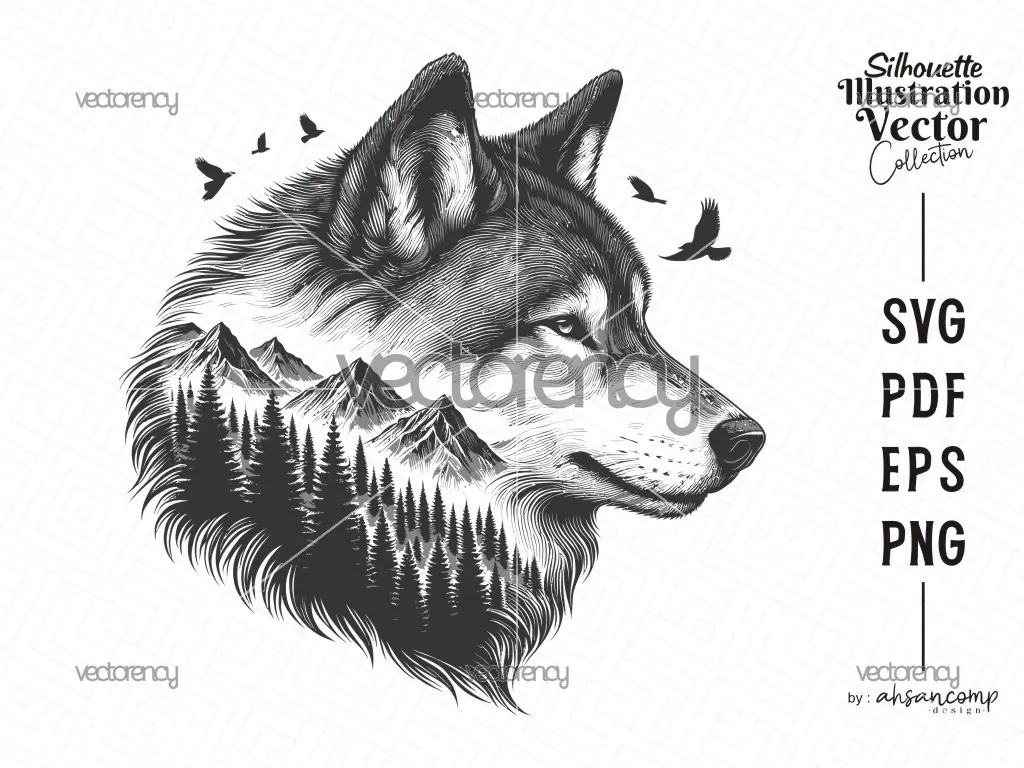 Wolf Silhouette with Mountain and Forest Landscape
