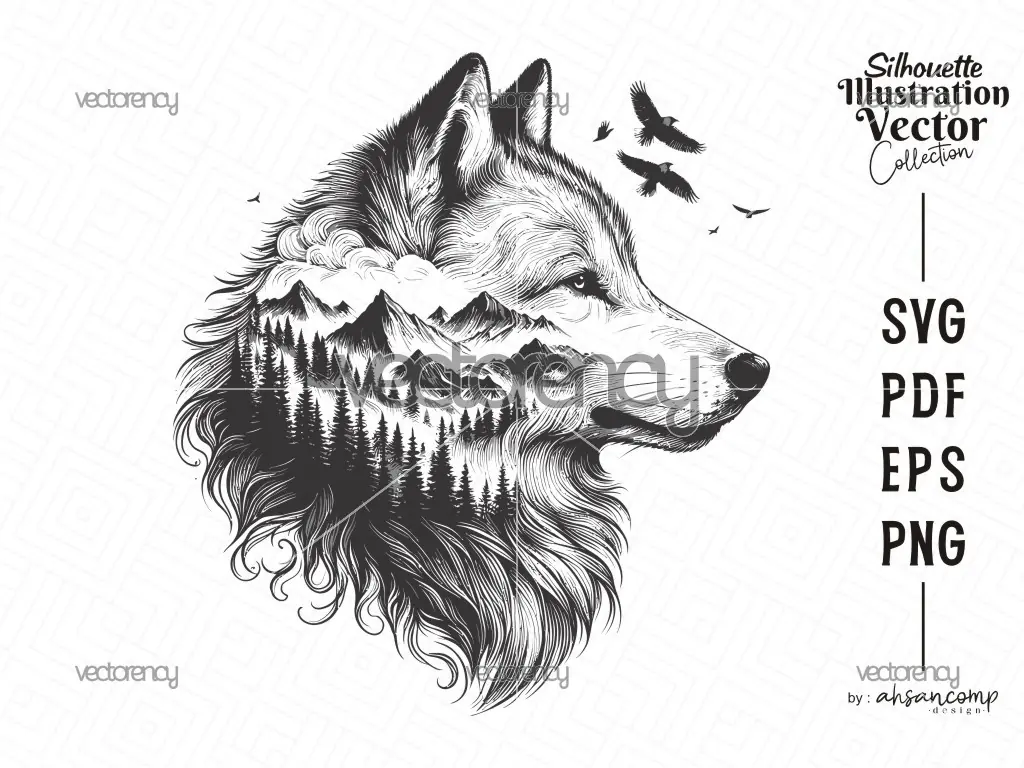 Wolf Silhouette with Mountain and Forest Landscape 1