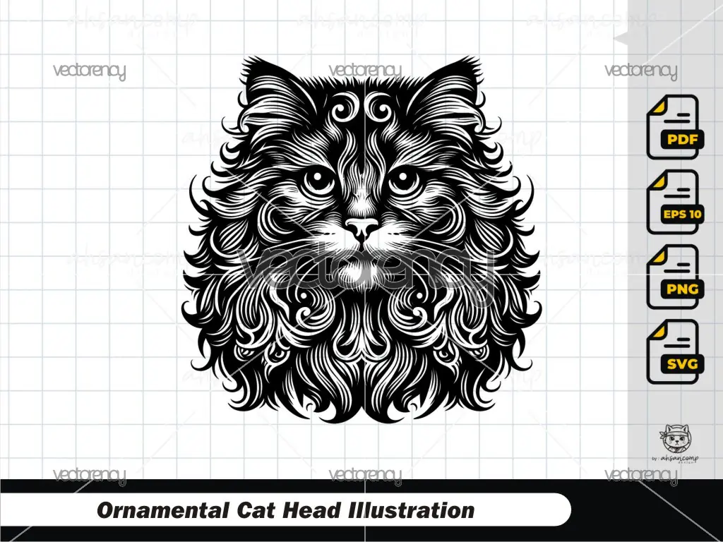 Ornamental Cat Head Illustration 6