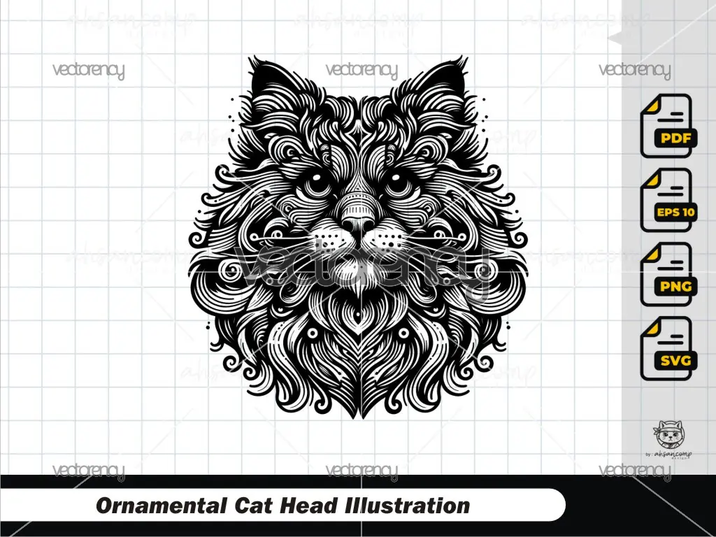 Ornamental Cat Head Illustration