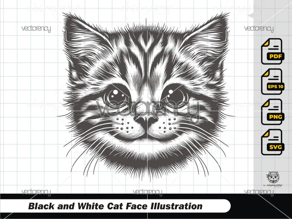 Cute Big-Eyed Kitten Line Art 1