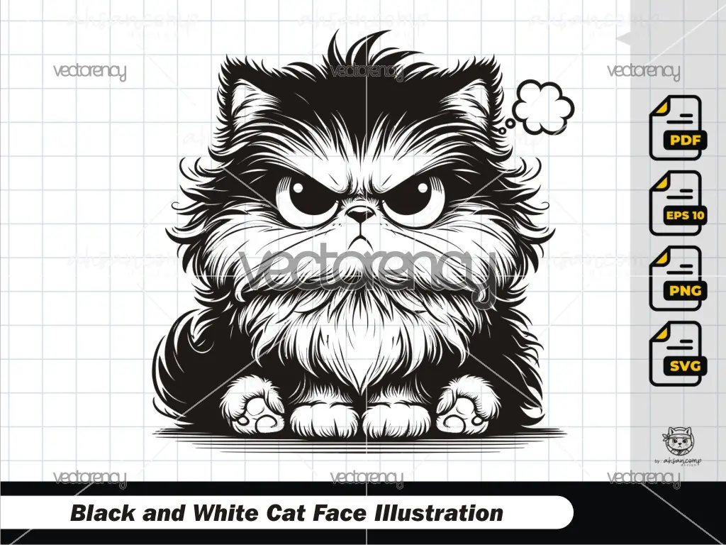 Grumpy Cute Cat - Line Art