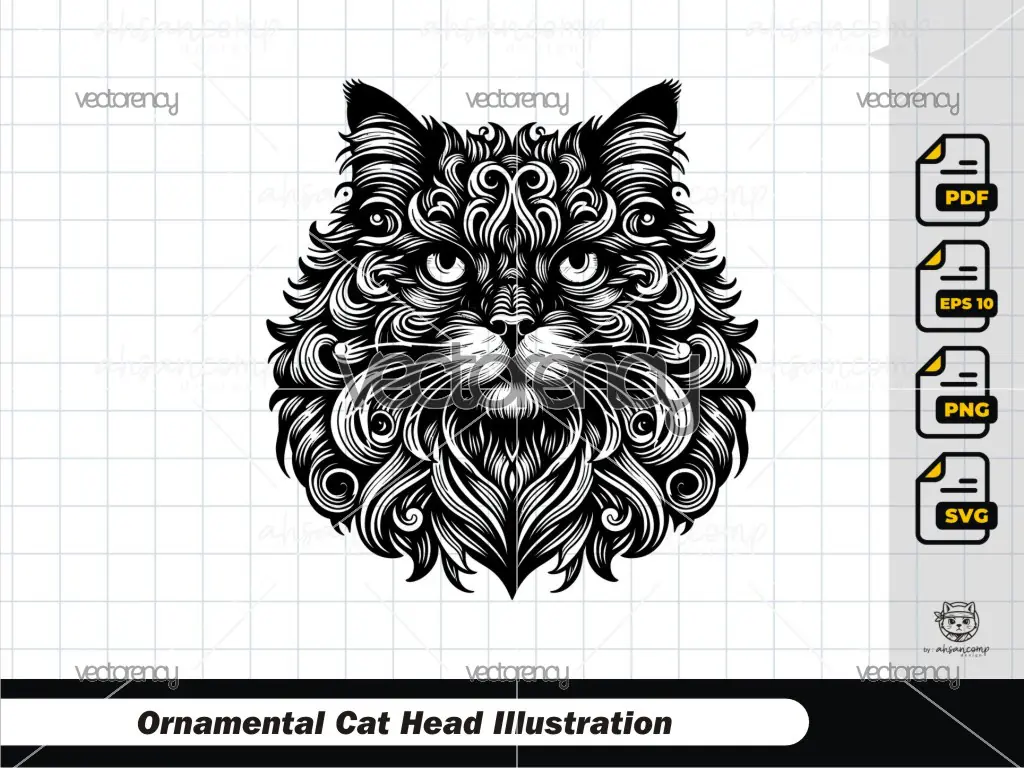 Ornamental Cat Head Illustration 2