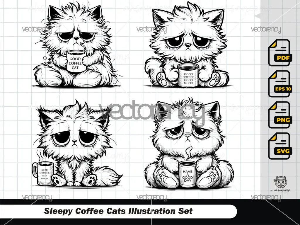 Sleepy Coffee Cats Illustration Set