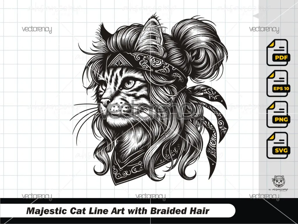 Majestic Cat Line Art with Braided Hair 4