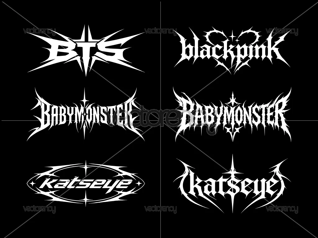Kpop BTS Blackpink Babymonster Katseye Fan Art Y2K Design and Death Metal Logos