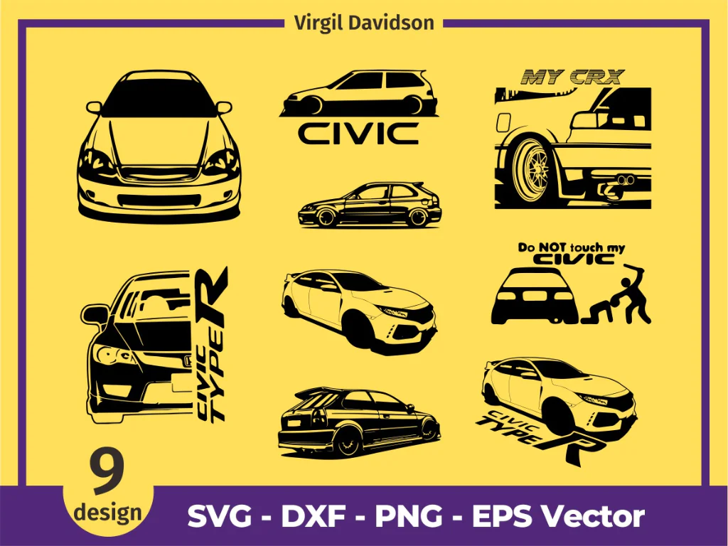 Civic Drift Racing Drag SVG Acura Civic Vtec Stance Mugen Type R Spoon CRX Vector DXF