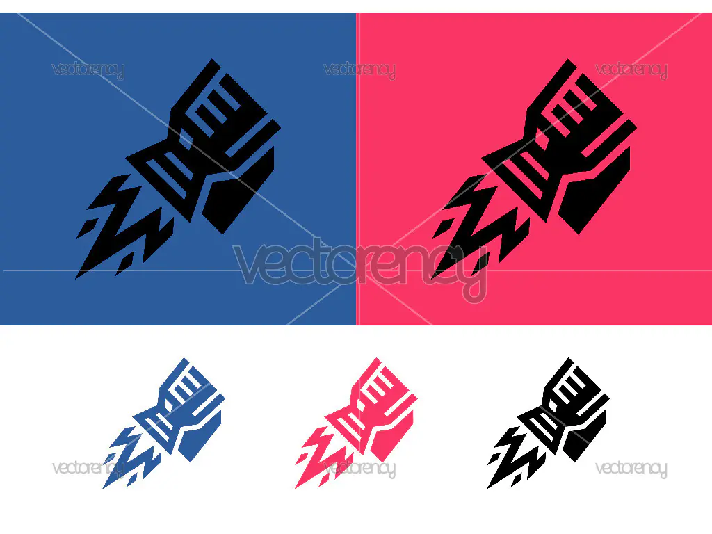 Rocket logo design with exhaust on blue.