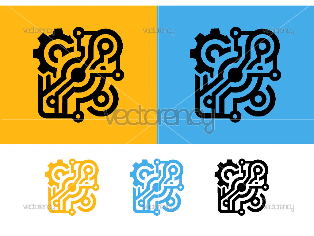 Abstract circuit board and gear logo design.