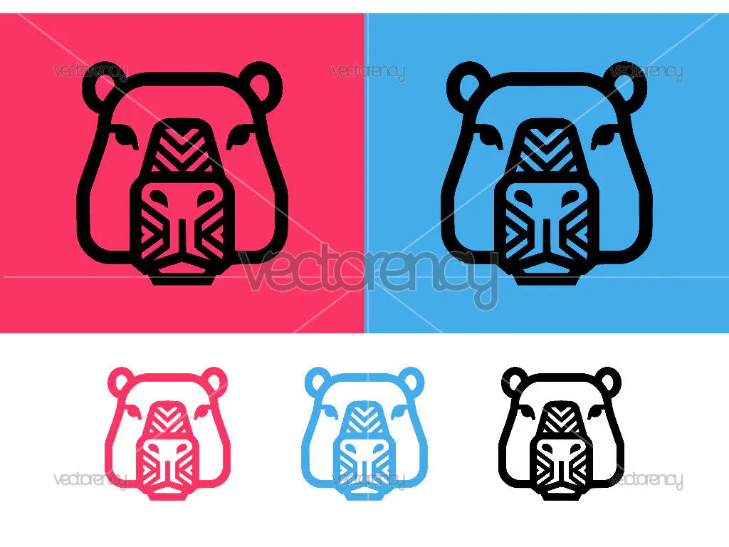 Bear face icon on pink blue backgrounds graphic.