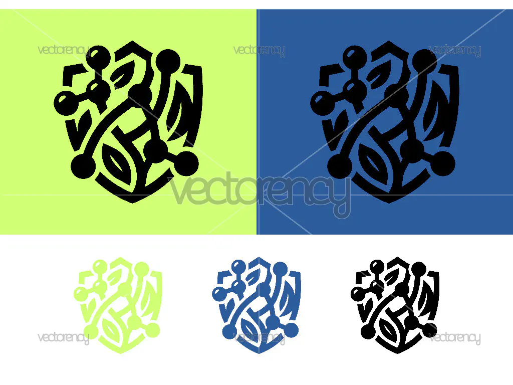 Abstract molecular structure shield logo design.