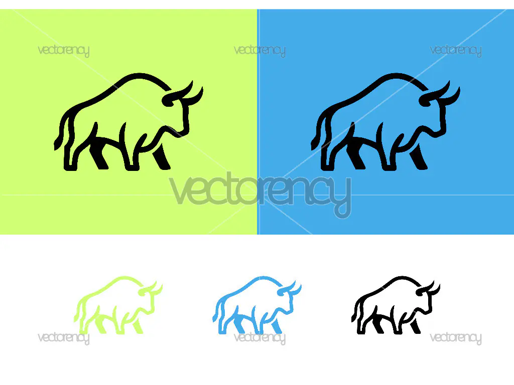 Bull walking on green and blue background.