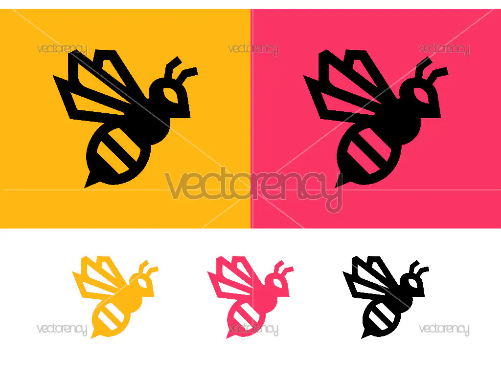 Stylized bee illustration on vibrant backgrounds.