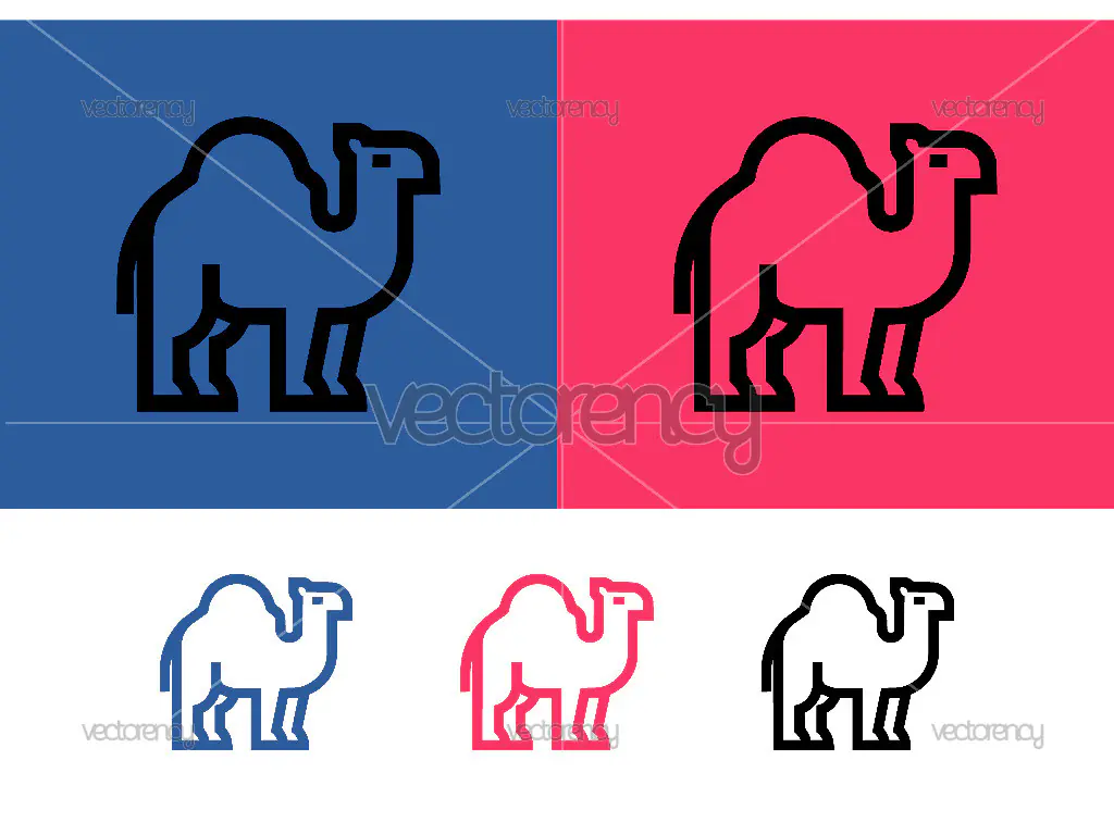 Camel icon on blue pink backgrounds graphic.