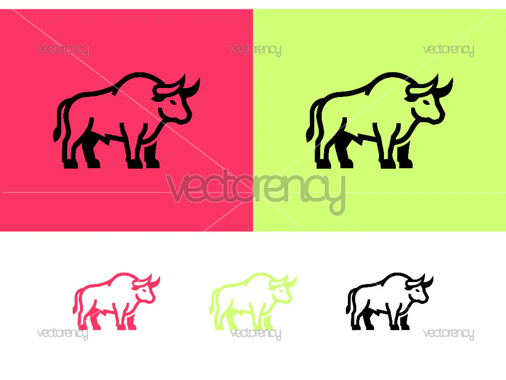 Bull silhouette on red and light green background.